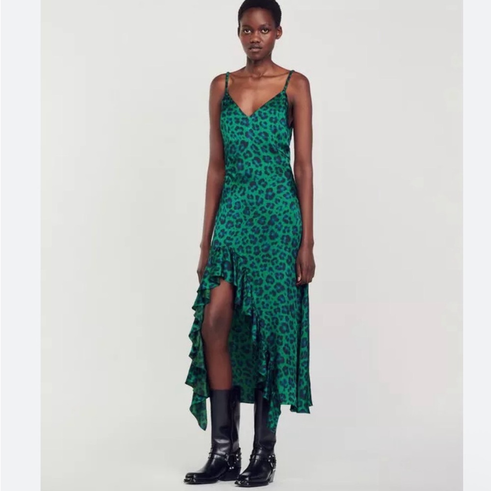 Sandro Women's Green Ruched Leopard-print Satin-twill Midi Slip Dress size 40 - Picture 3 of 8
